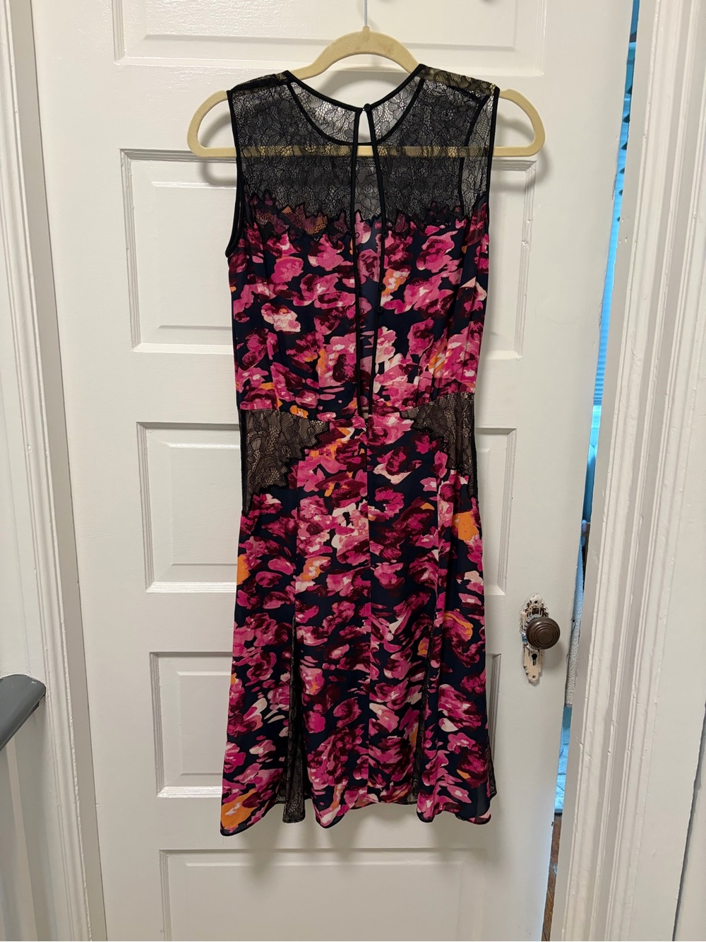 BCBGMaxAzria Pink and Black Floral Lace-Trim Midi Dress